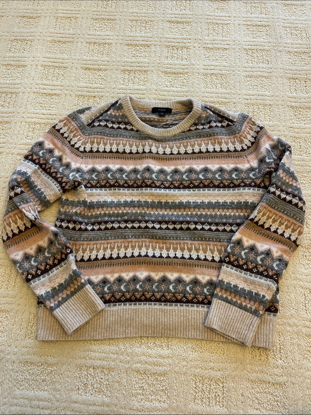 J. Crew Tan Multi-Stripe Fair Isle Crewneck Sweater